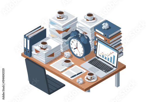 A cluttered office desk filled with stacks of paper, coffee cups, and a laptop displaying a chart, symbolizing a busy workday