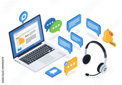 Illustration of a laptop with email and chat notifications, headphones, and a bell alert