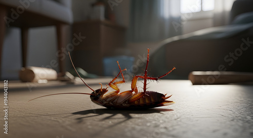Realistic cockroach lying on its back on a house floor with dramatic window light. Detailed view of a common household insect often associated with hygiene and pest problems.