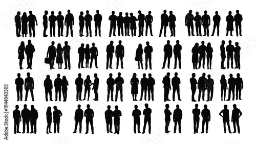 Collection of diverse human silhouettes in various poses and outfits on a white background for design and illustration