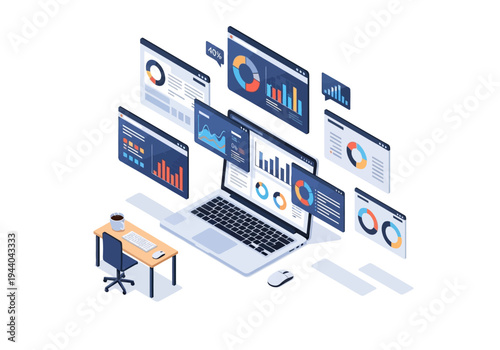 Digital analytics dashboard showing data visualization and charts on laptop screen with charts floating around