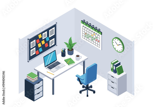 Modern office cubicle interior design with desk, chair, laptop, and calendar