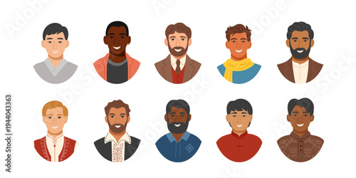 Set of male avatars with different skin tone and nationalities isolated on white4. Concept of equality, cultural and racial diversity, friendship, inclusion. Vector flat cliparts.