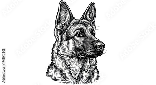 German Shepherd Dog Portrait, Black and White Sketch, Loyal Companion