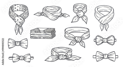 Hand-Drawn Fashion Accessories: Scarves, Bandanas, Bow Ties, and Stacked Fabric
