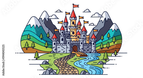 Fairytale Castle Illustration with Mountains, River, and Forest Path
