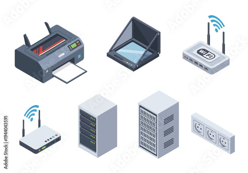 Collection of isometric electronic devices, including printers, scanners, routers, servers, and electrical outlets