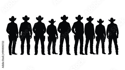 A group of nine cowboys standing in a row, dressed in western attire, facing forward, silhouette against a white background, iconic representation of the american wild west