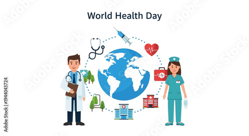 World Health Day illustration with medical professionals, a globe, and various healthcare symbols.