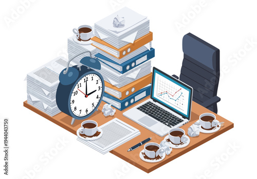 Business desk with laptop, charts, coffee and stacks of papers, showing busy work environment