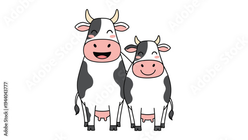 Smiling Cows: A charming illustration depicts two smiling cows, exuding joy and friendliness. Perfect for conveying a sense of happiness.