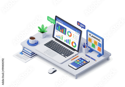 Modern business and finance data analytics dashboard on a laptop and computer screen