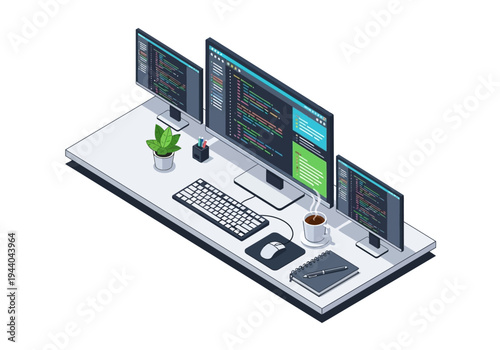 Modern isometric desk setup with multiple computer monitors displaying code