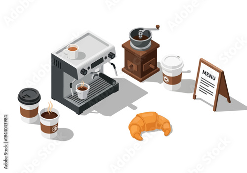 Delicious coffee, fresh croissant, and an antique grinder on a white background in a studio setting