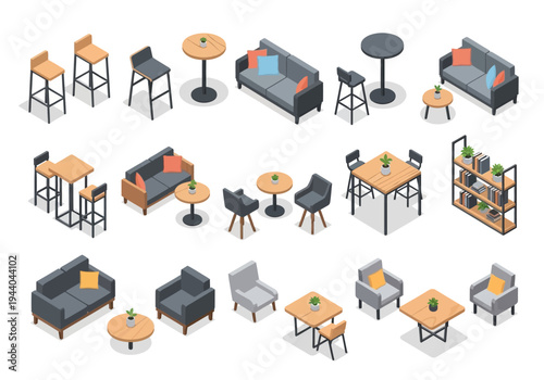 Collection of Isometric Furniture Designs for Interior Spaces and Commercial Establishments