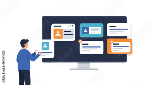 A man interacts with a large computer monitor displaying various chat windows on a plain white background.