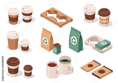 Collection of isometric coffee-related items including cups, bags, and carriers, illustrating a sustainable or reusable approach to coffee consumption