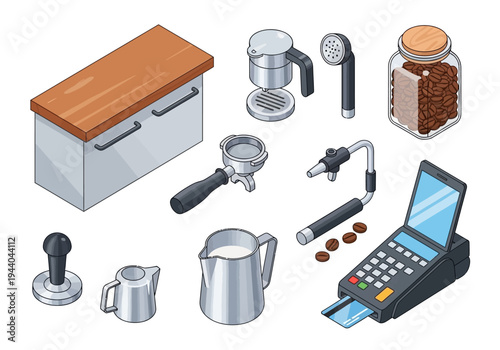 Collection of barista tools and coffee-making equipment, including an espresso machine, grinder, milk pitcher, tamper, and payment terminal