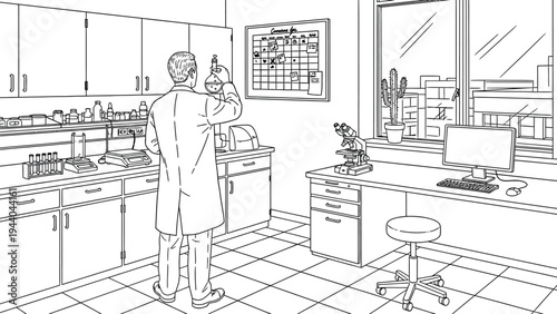 Scientist in laboratory holding flask and examining liquid, modern research facility with equipment and microscope for science experiment and discovery