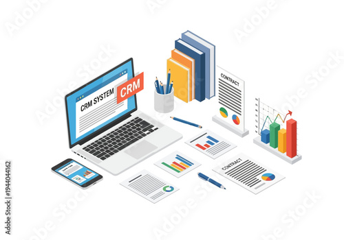 Business CRM System for customer relationship management with laptop and documents
