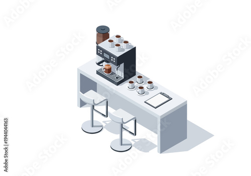 Isometric coffee machine with cups and stools on a white counter in a cafe