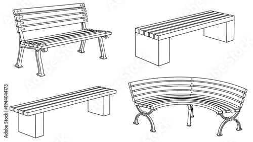 Set of four different wooden bench styles for park outdoor garden seating linear sketch drawing coloring page design illustration isolated on white background
