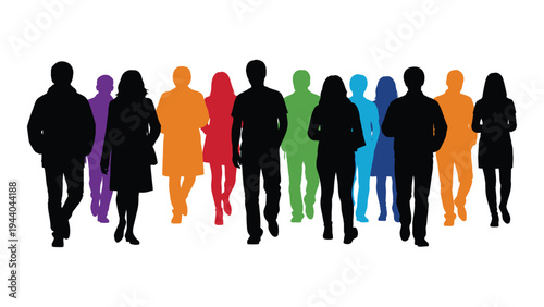 Diverse group of people silhouettes in various colors representing unity and individuality