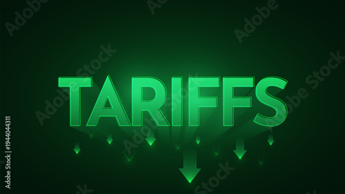 Tariffs word with downward arrows showing falling trade taxes decrease. Green background illustration showing the word tariffs with multiple downward arrows representing reduced import duties lower tr