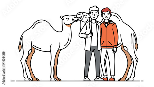 Camel and travelers: Two travelers pose beside a camel, evoking a sense of adventure. A journey is about to begin.