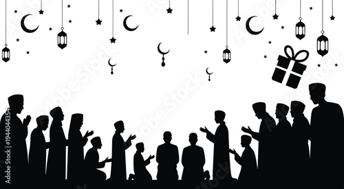 Muslim family praying during Ramadan with crescent moon, hanging lanterns and stars silhouette illustration, Islamic Eid Mubarak celebration, traditional prayer and festive decoration concept