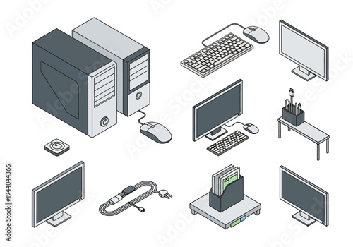 Isometric digital technology and computer equipment collection vector illustration