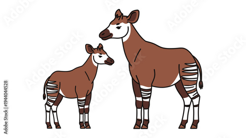 Okapi Family in Gentle Proximity: A charming portrayal of two Okapi, one a nurturing mother, the other a curious calf, standing side by side in a harmonious display. 