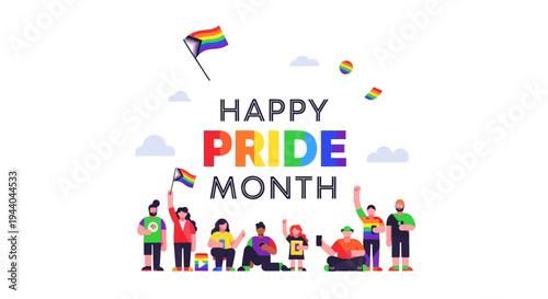 A vibrant illustration celebrating Happy Pride Month with diverse people holding rainbow flags and cheering.