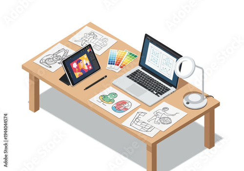 Digital art and design workspace with a laptop, tablet, and drawing materials on a table
