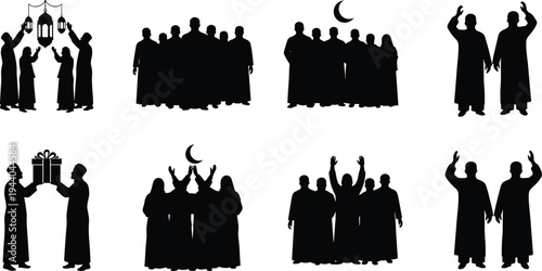 Muslim people group silhouettes celebrating Ramadan with lanterns, crescent moon and gift exchange, Islamic Eid Mubarak community celebration concept isolated on white background