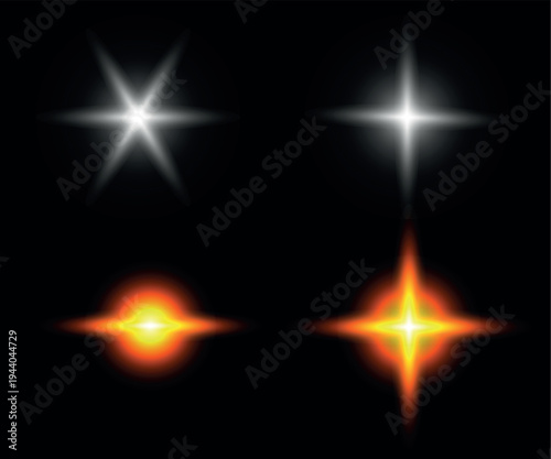 Star Lens Flares Set White and Orange Glow on Black