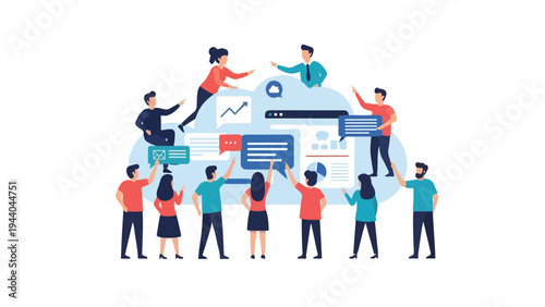 Illustration of a diverse group of people collaborating on a large computer screen with various charts and graphs in a modern office setting with a