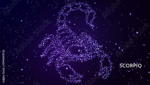Scorpio zodiac constellation illustrated as a scorpion shape created from glowing stars in a dark night sky star field representing astrology astronomy and the zodiac sign Scorpio