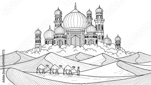Majestic oriental palace floating above desert dunes with camels caravan and traveler walking in sand coloring page fairytale landscape line art drawing
