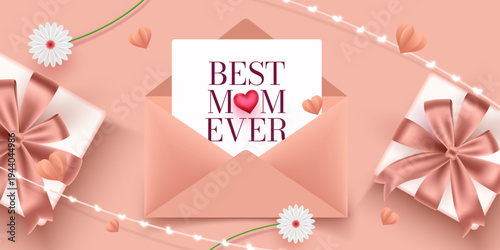 Happy Mothers Day Greeting Cards. Mothers Day wish gift box wrapped with pink ribbon heart shapes and decorative lights representing celebration love and appreciation for mothers