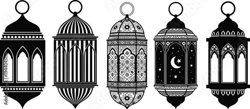 Ornate Ramadan lantern silhouettes with crescent moon decorative lamps isolated on white background, traditional Arabic Islamic hanging lantern set for Eid 