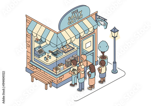 Isometric illustration of a busy fish and chips shop with a queue of customers