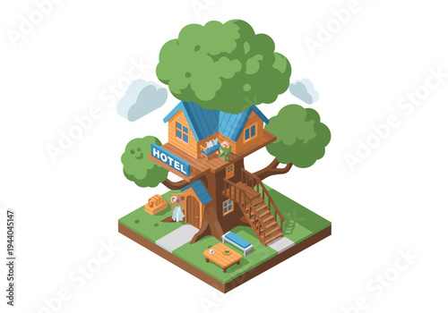 Charming isometric treehouse hotel with a sign and cozy outdoor seating area