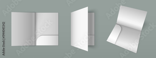 White 3d paper folder mockup with pocket for A4 documents, realistic vector illustration isolated on background. Template for corporate branding. Blank white bifold holder for office presentation