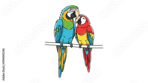 A Pair of Macaws: Two vibrant macaws, one blue and gold, the other red and yellow, perch together on a branch, their colorful plumage a striking contrast.
