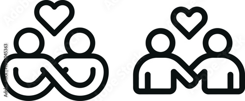 Simple line drawings of two pairs of people with hearts