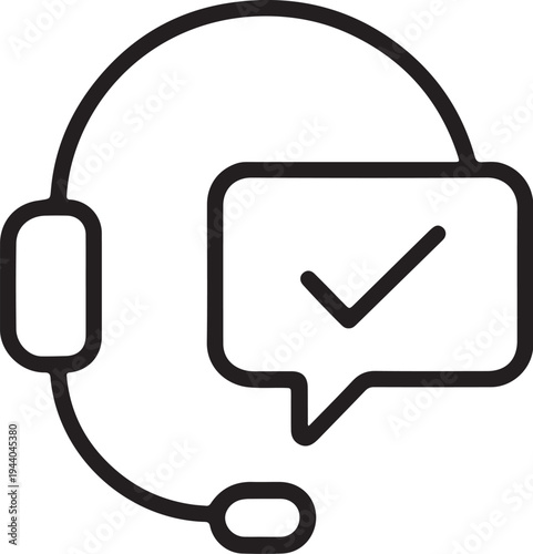 Illustration of black line icon of a headset with a speech bubble and a checkmark