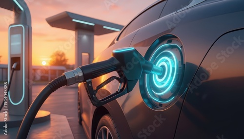 Electric vehicle charging cable connected to a car at a modern charging station during a beautiful golden hour sunset