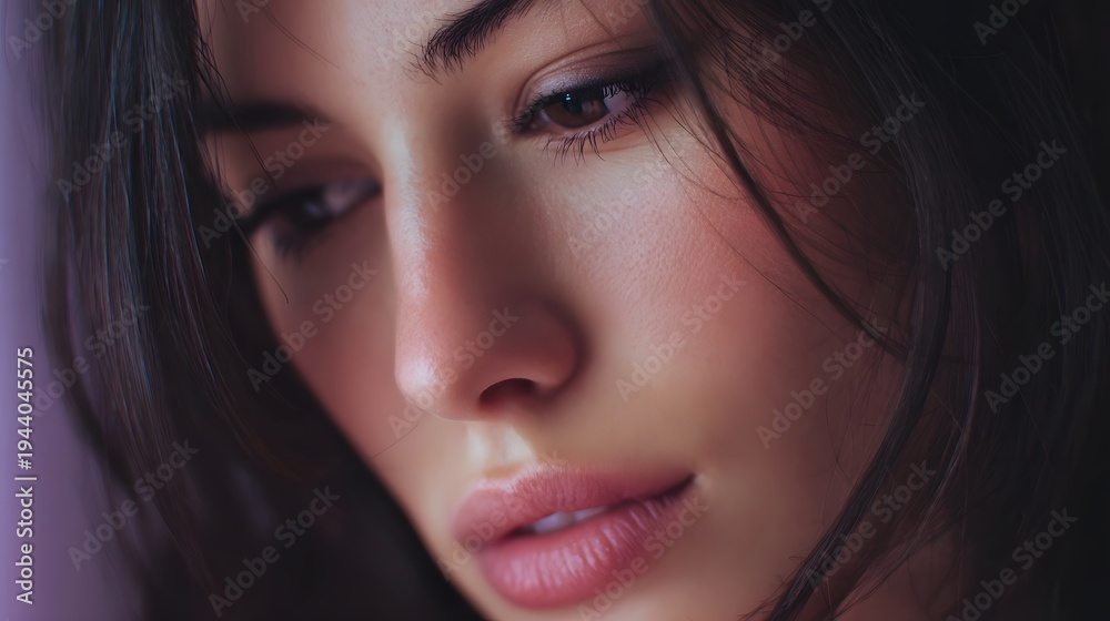 Obraz premium Close up of a young woman s face with soft lighting conveying introspection and calm beauty