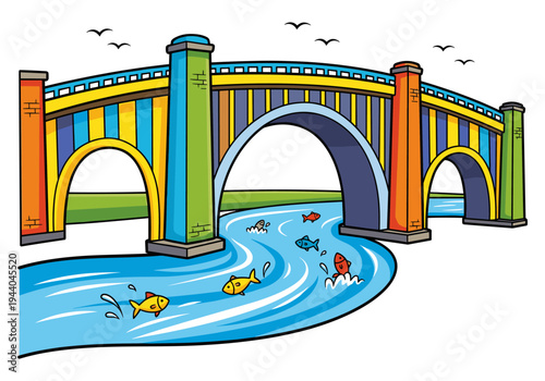 Colorful cartoon bridge arches over a river with fish swimming and birds flying overhead